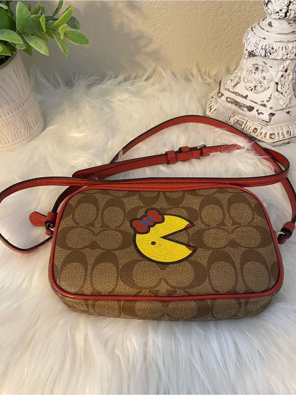 Coach Brown Signature Canvas Crossbody with Red Trim and Miss Pac-Man Graphic - Picture 5 of 15
